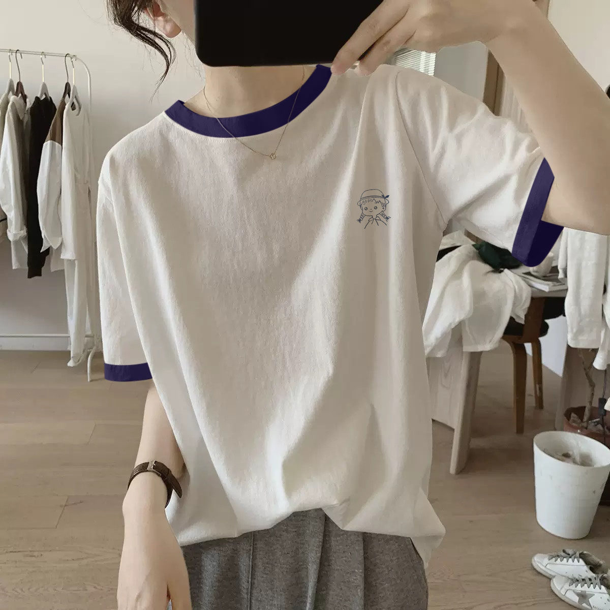 白色短袖t恤女2025新款撞色宽松休闲纯棉正肩大码休闲体恤衫上衣