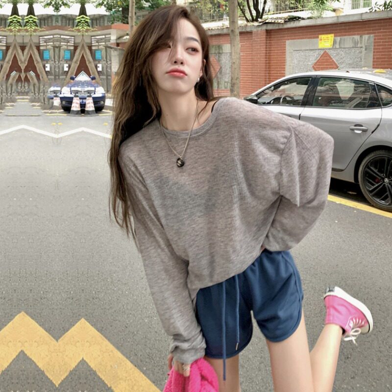 港风复古冰丝长袖防晒T恤女夏季薄款宽松慵懒风罩衫设计感上衣潮