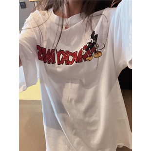 减龄T恤 米鼠做旧龟裂卡通印花宽松圆领短袖 韩国东大门夏季 新款
