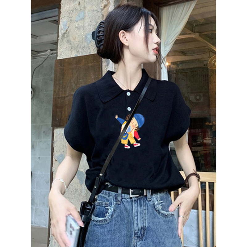2024新款爆款设计感气质宽松显瘦上衣黑色polo衫正肩短袖t恤女夏