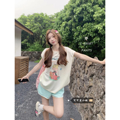 休闲短裤 慵懒风套装 T恤宽松阔腿裤 减龄卡通印花短袖 两件套 女夏季