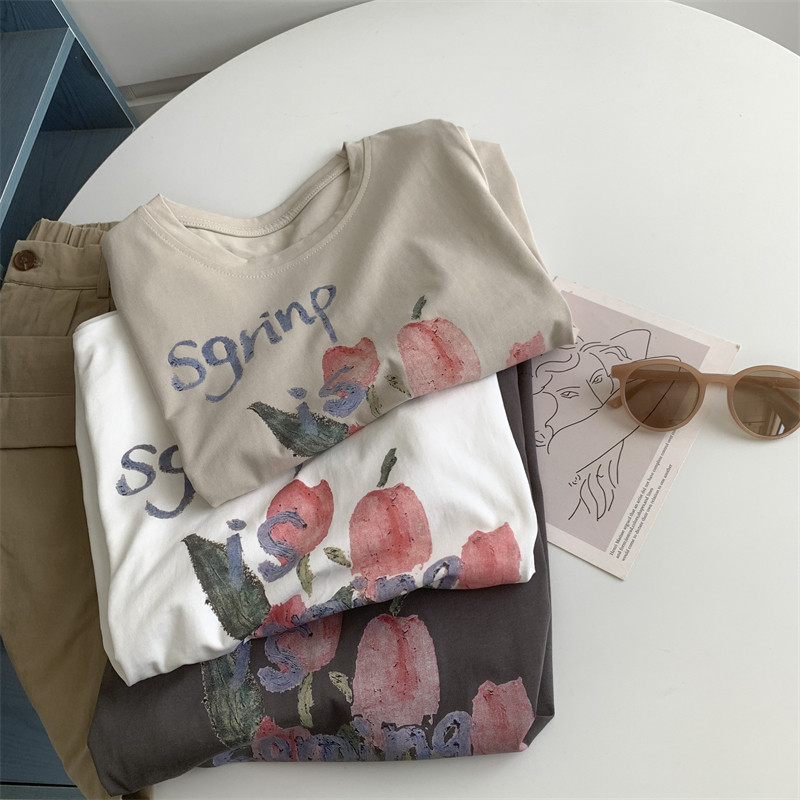 韩版宽松复古前后印郁金香短袖T恤数码印花宽松夏季上衣女韩系