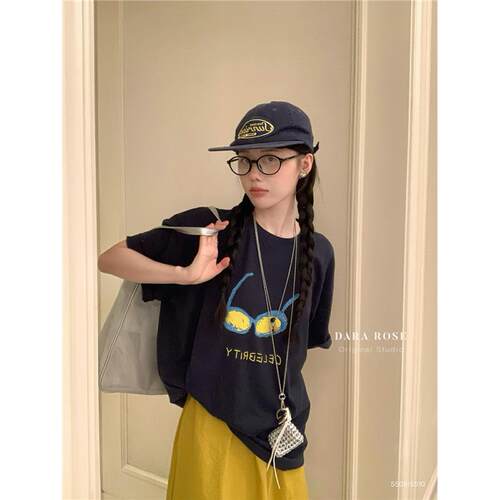DARA ROSE眼睛字母印花短袖T恤女2025夏新款韩版宽松百搭休闲上衣
