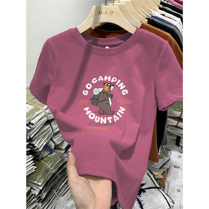 正肩纯棉短袖t恤女时尚百搭洋红色上衣时尚夏季新款设计感打底衫