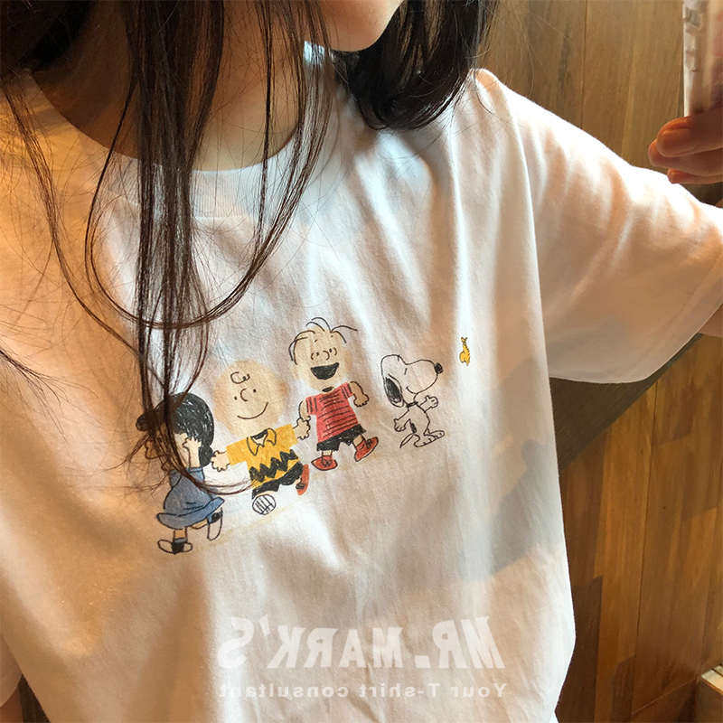 日系chic复古卡通印花短袖t恤女夏纯棉韩版bf原宿风学生半袖上衣