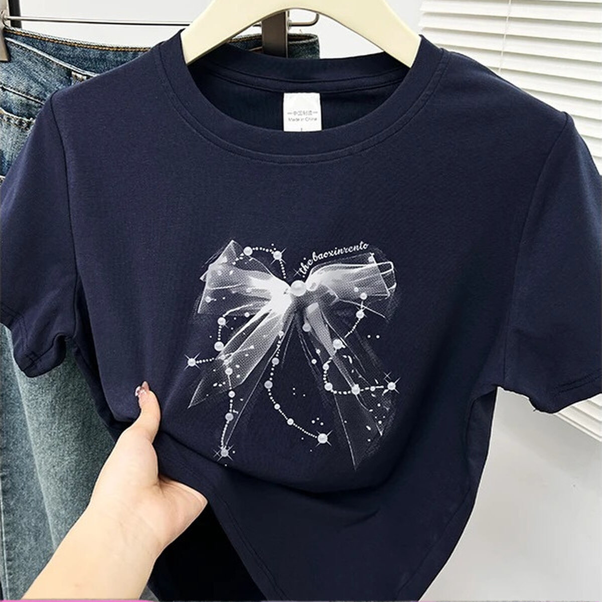 韩版2025夏季新款正肩t恤女士蝴蝶结休闲百搭宽松显瘦短袖上衣ins