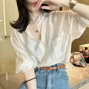 法式微透天丝防晒衬衫女夏天薄款宽松空调开衫设计感复古气质上衣
