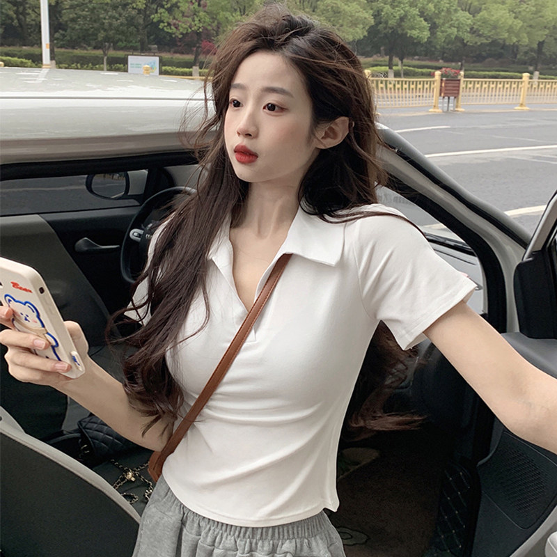 白色短袖T恤女夏季纯棉短款翻领正肩上衣辣妹紧身polo衫