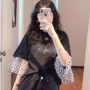 T恤上衣 韩国东大门夏季 新款 烫钻爱心字母拼网纱波点袖 子宽松短袖