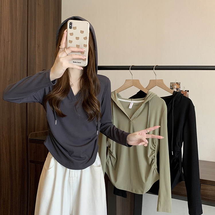 黑色v领不规则内搭上衣女春秋冬季长袖正肩t恤修身短款连帽打底衫