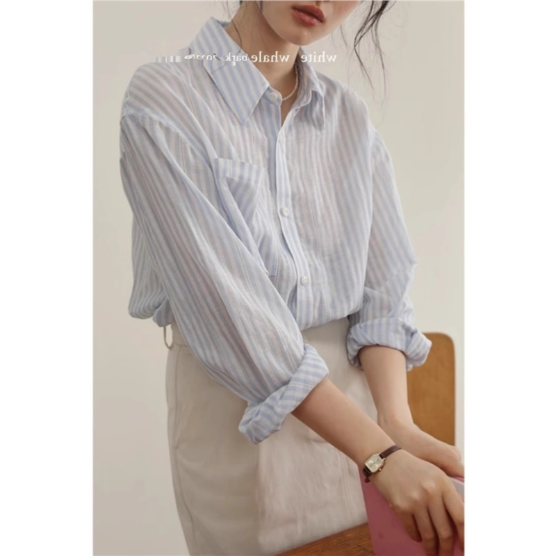 蓝色条纹衬衫亚麻女高端棉麻上衣薄款防晒衫夏季宽松法式外套上衣