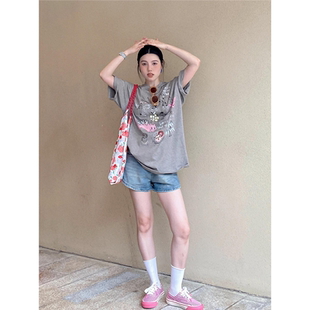 港味复古创意涂鸦印花短袖T恤女秋季新款宽松街头减龄半袖上衣ins