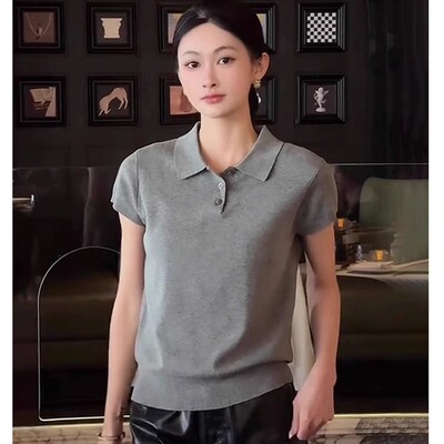 灰色polo领冰丝短袖针织衫女2025新款夏季高级感收腰显瘦薄款上衣