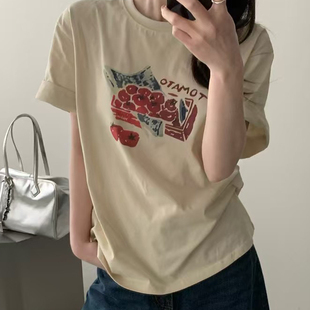 圆领宽松小众设计感上衣 2025新款 sevenmeter番茄印花短袖 t恤女装