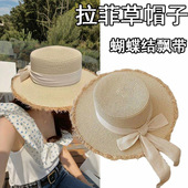 夏季 蝴蝶结拉菲草大帽檐草帽女新款 户外海边沙滩遮阳太阳帽子