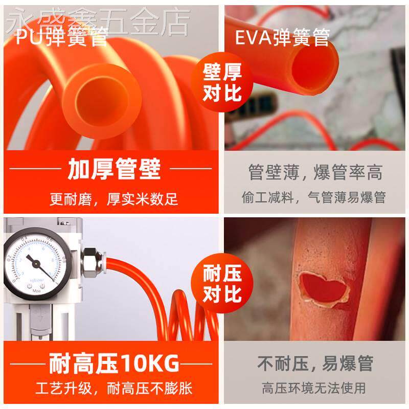 弹簧气管软管PU气泵空压机压缩机伸缩螺旋高压快速接头8/10/12mm