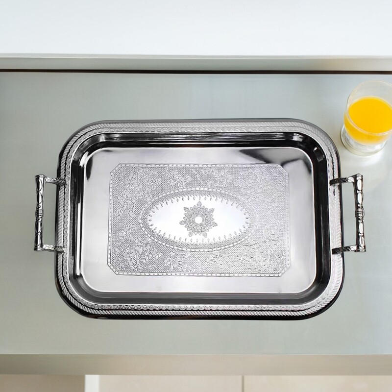 银色茶盘不锈钢酒盘西式餐厅长方形甜点盘复古欧式长方形餐桌转盘