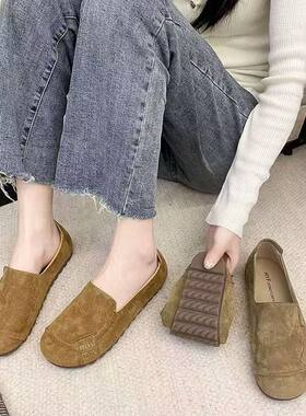复古圆头单鞋女2025春秋新款森系勃肯女鞋休闲一脚蹬平底豆豆鞋子