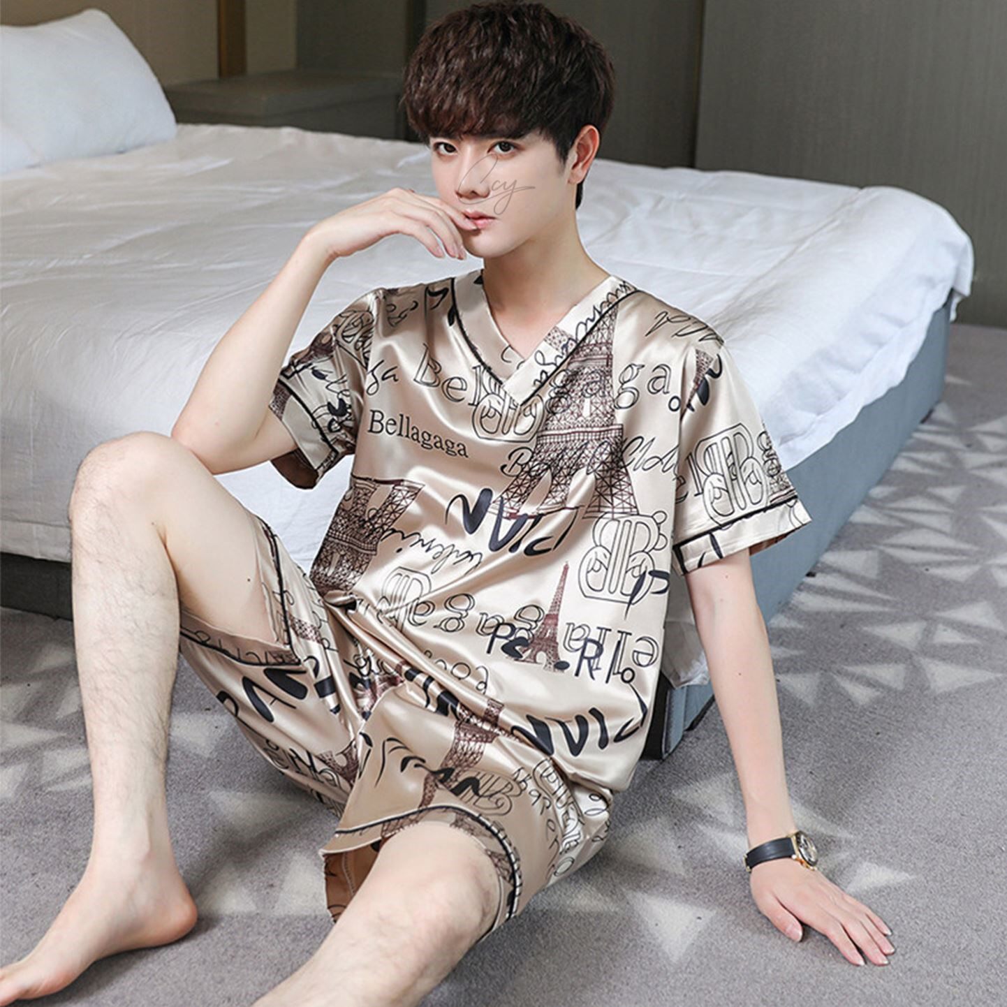 2026新款睡衣男士夏季冰丝绸短袖短裤男款高级感家居服套装薄外穿