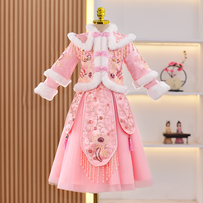 汉服女童冬季裙子2025套装儿童加绒加厚连衣裙秋冬款公主裙拜年服
