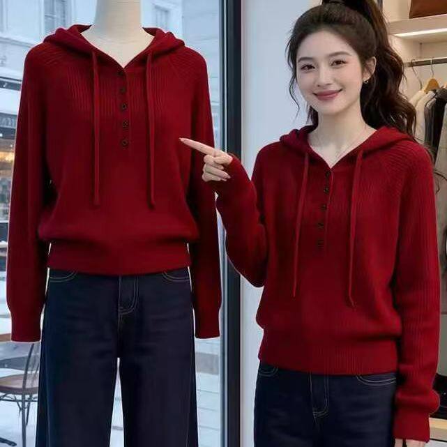 红色连帽针织衫2026春秋新款卫衣女外穿显瘦百搭毛衣女小个子毛衣