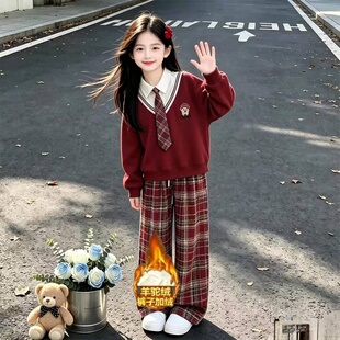 女童套装秋冬款韩系学院风假两件卫衣儿童学生洋气宽松格纹阔腿裤
