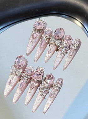 纯手工穿戴甲2025新款高级感奢华鎏金爆闪鸽子蛋水滴美甲网红爆款