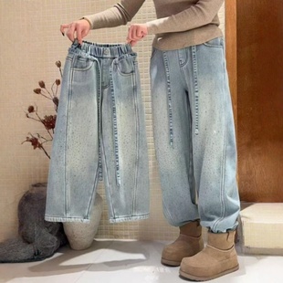女童洋气春装满天星烫钻弯刀牛仔裤女孩超好看百搭宽松直筒裤子潮