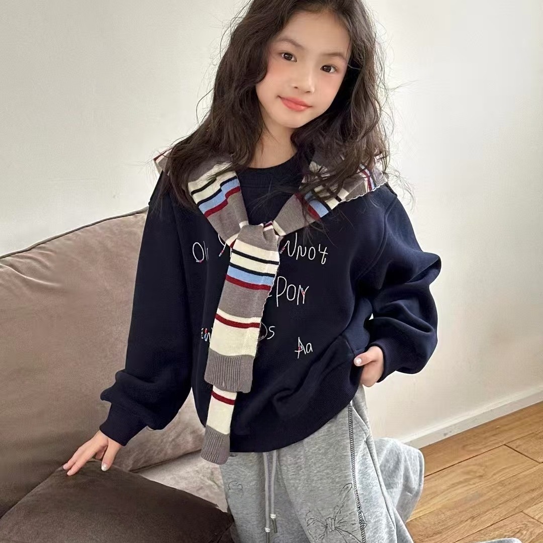 韩国女童洋气条纹披肩一体绒卫衣秋冬季大童时尚字母刺绣圆领上衣