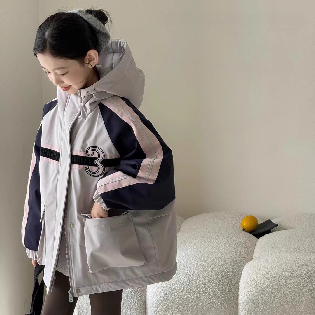 女童拼色夹棉连帽冲锋衣保暖外套