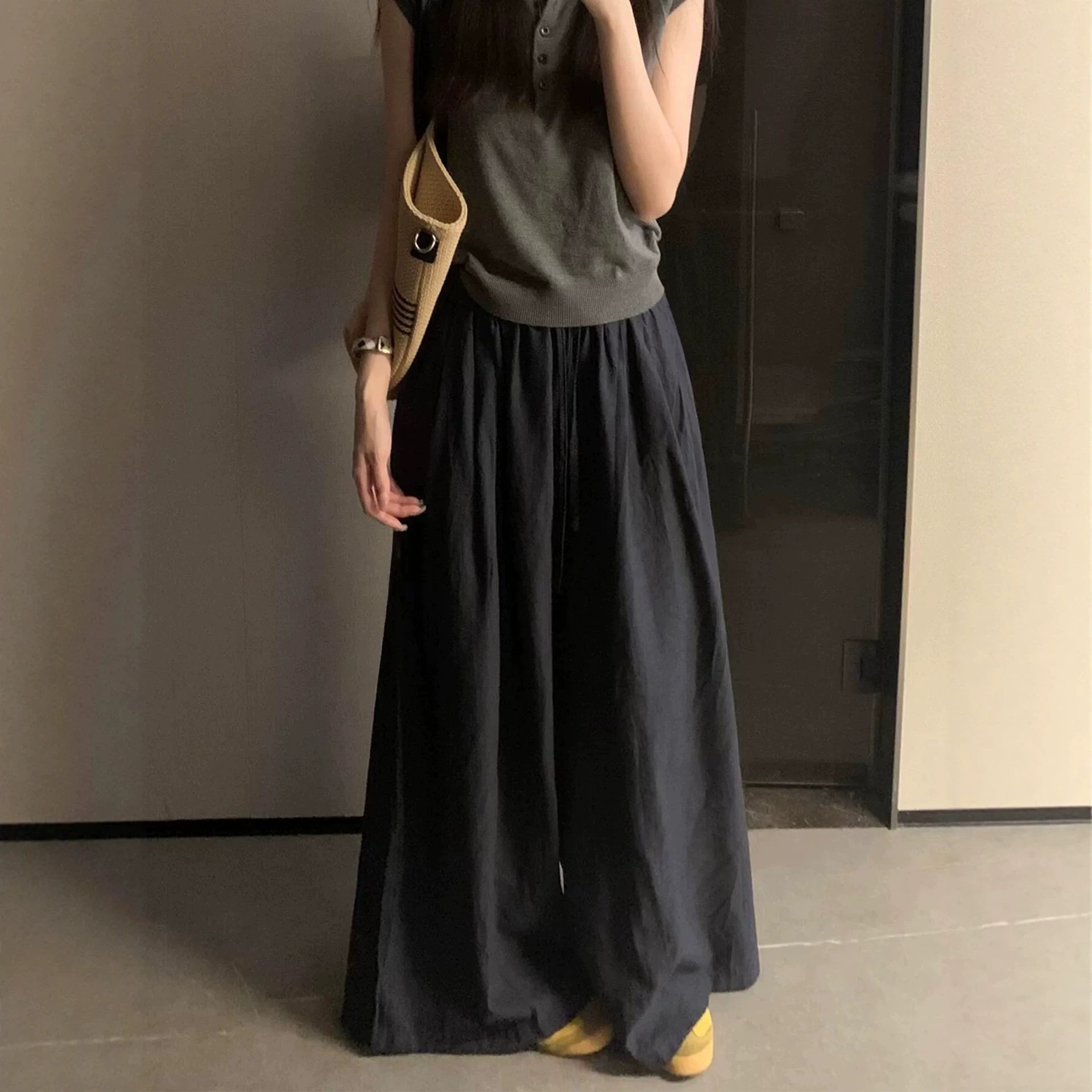 黑色棉麻阔腿裙裤女夏季薄款大码胖mm梨型身材高腰宽松显瘦休闲裤