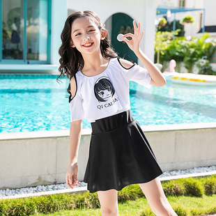 小女孩泳衣中大童公主风可爱甜美连体裙走秀新潮网红韩版 显瘦黑白