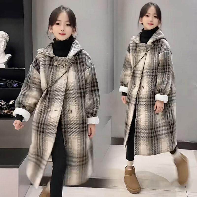 女童毛呢外套中长款2024秋冬新款韩版洋气中大童保暖格子呢子大衣
