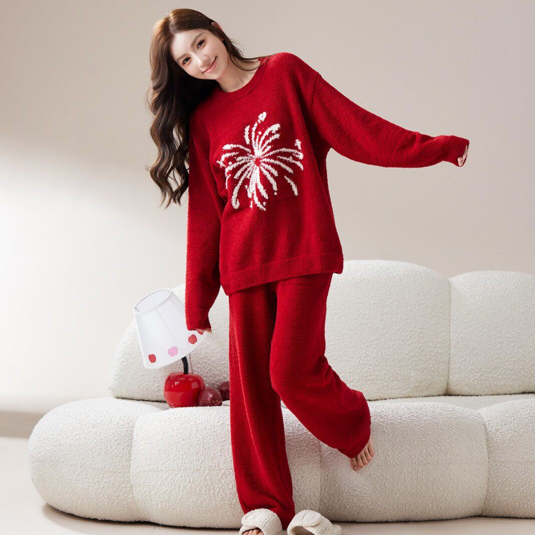 大红色本命年半边绒睡衣女圆领长袖圣诞新年红家居服套装可外穿