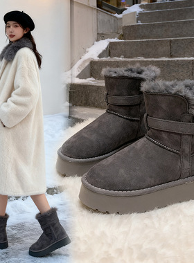 灰色雪地靴女2025冬季加绒加厚皮毛一体厚底增高短筒靴雪地棉鞋JX