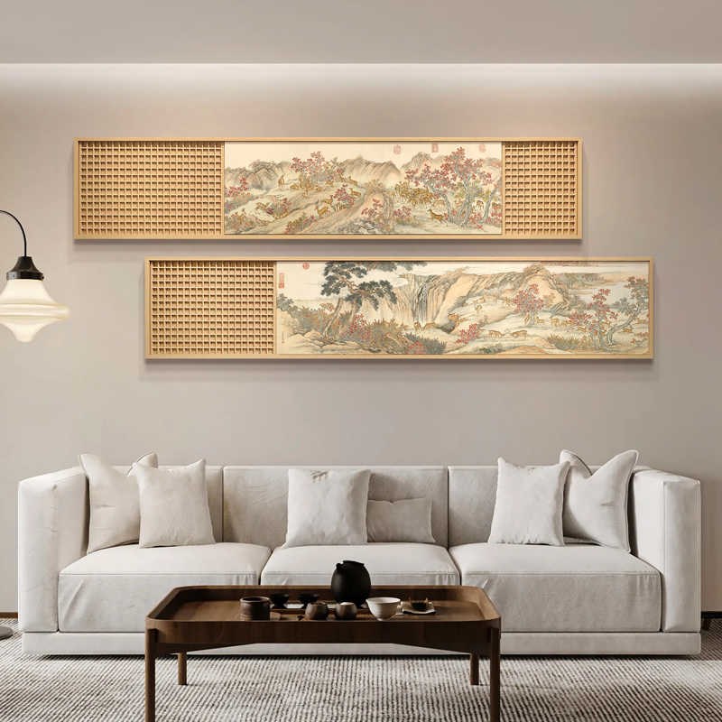 新中式客厅e沙发背景墙装饰画福鹿平安图茶室山水风景长条立体挂图片