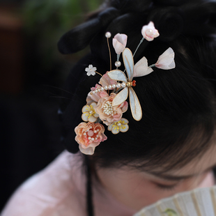 森系手工花朵发夹粉色仙气汉服头饰古风造型唯美蜻蜓马面裙配饰女
