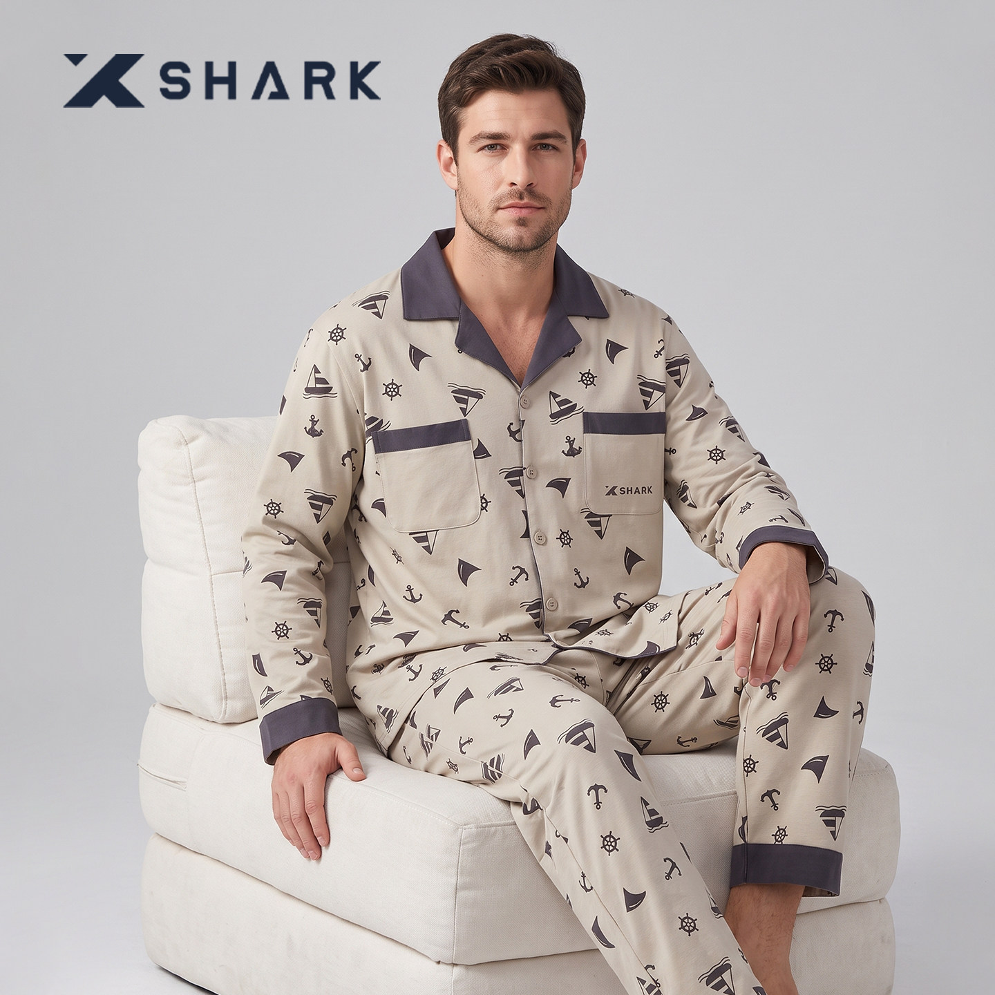 XSHARK男大码纯棉春秋睡衣套装