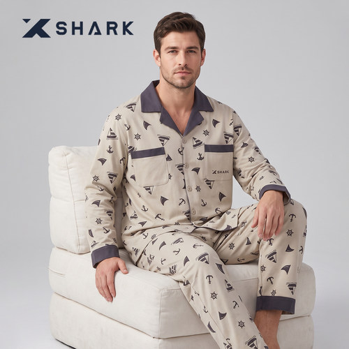 XSHARK男大码纯棉春秋睡衣套装