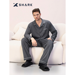 XSHARK冬季长袖简约风男士条纹衬衫领睡衣套装可外穿开襟家居服