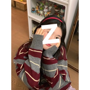 oversize！复古撞色红色条纹毛衣女冬季新款韩版宽松打底针织衫潮