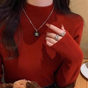 圣诞红色毛衣女半高领打底衫秋冬高级感纯色中领内搭长袖针织上衣