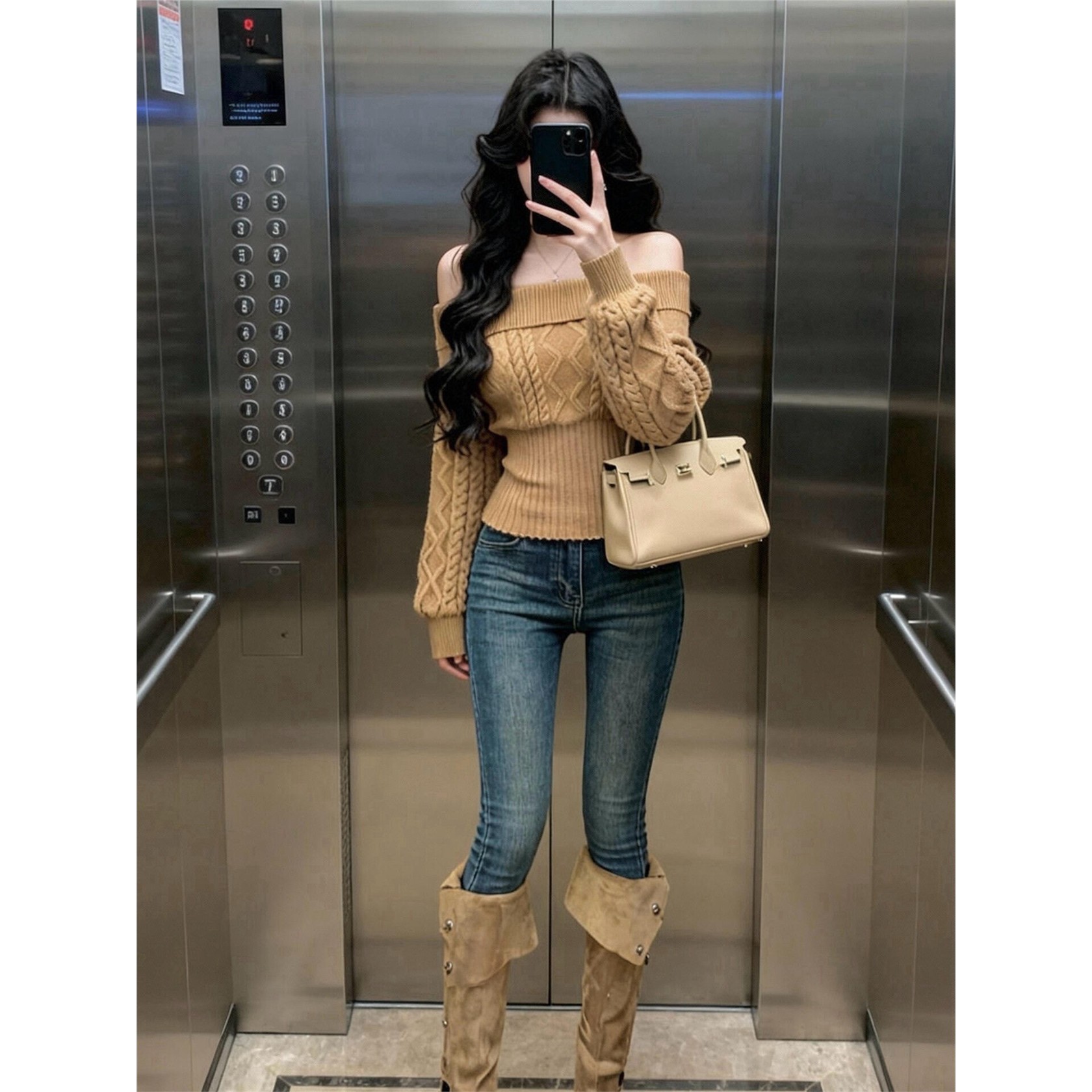 咖色麻花一字肩毛衣女冬季内搭可外穿套头针织衫修身收腰短款上衣