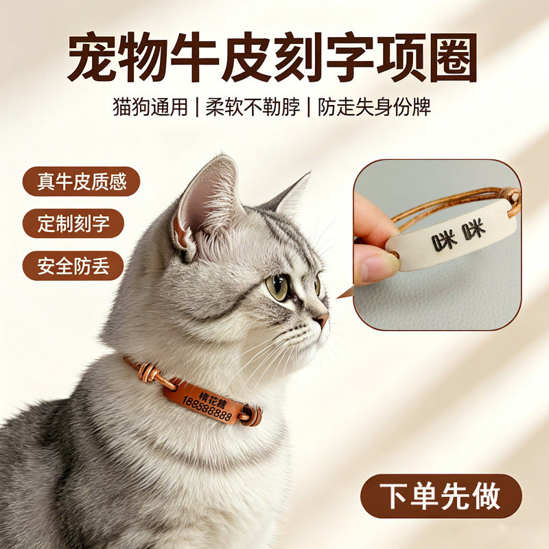 牛皮猫狗项圈超轻防丢刻字脖圈绳