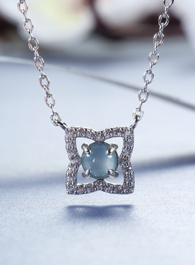 高品质危料蓝水翡翠四叶草吊坠小清新s925银镀PT950 铂金镶嵌项链