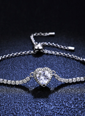 925银手链莫桑石心型简约女款首饰品珠宝镀PT950 铂金饰品礼品