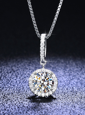 s925纯银吊坠1克拉莫桑石项链镀PT950 铂金圆包雪花银吊坠锁骨链