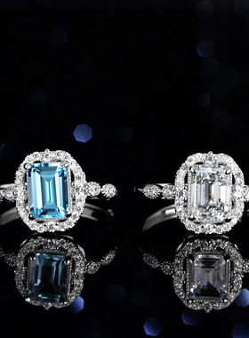 天然蓝托帕石莫桑石戒指925纯银镀PT950 铂金1克拉祖玛绿切工女戒