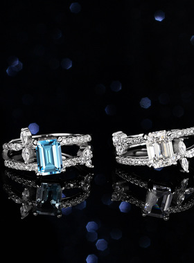 蓝托帕石莫桑石戒指925纯银镀PT950 铂金双层祖玛绿切工长方女戒