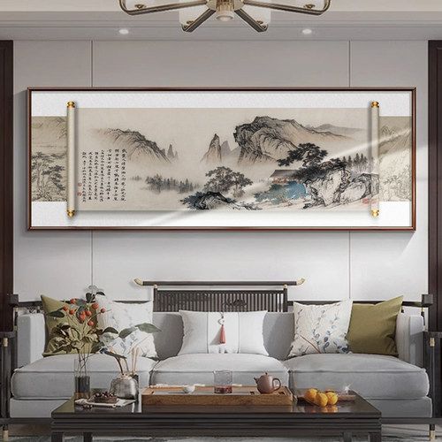 雅韵客厅新中式卷轴山水风装饰画